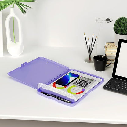 Piasoenc Clipboard with Storage, 8.5 x 11 Organization Box with Pen Holder and A4 Legal Paper Folder, Heavy Duty Plastic, Folio & Side-Opening, Low Profile Clip, for Nurses, Teachers, Purple