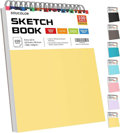 College Graduation Gifts, Easter Basket Stuffers for Teens, Nursing Student Essentials, Teacher Appreciation Gifts, Soucolor 9" x 12" Yellow Sketch Book, 1-Pack 100 Sheets Spiral Bound Drawing Paper
