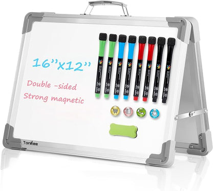 Small Dry Erase White Board – TANKEE Magnetic Desktop Foldable Whiteboard Portable Mini Easel Double Sided on Table Top with Holder for Drawing, Teacher Instruction, Memo Board