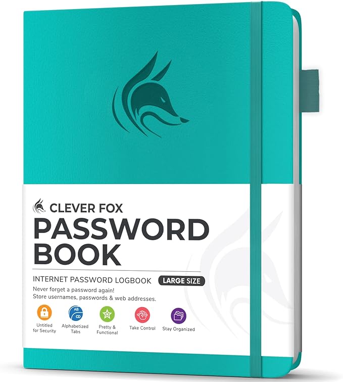 Clever Fox Password Book with Alphabetical tabs. Internet Address Organizer Logbook. Large Password Keeper for Website Logins (Turquoise)