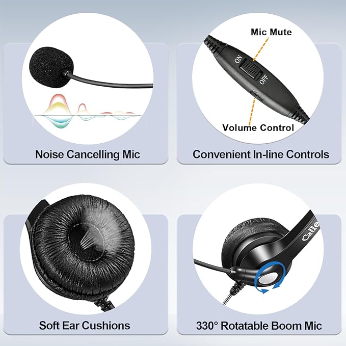 Callez RJ9 Telephone Headset Dual for Polycom Phone with Noise Cancelling Mic & Corded Office Phone Headset Compatible with Polycom Avaya Plantronics Mitel ShoreTel Digium Nortel Landline Phones
