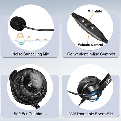 Callez RJ9 Telephone Headset Dual for Polycom Phone with Noise Cancelling Mic & Corded Office Phone Headset Compatible with Polycom Avaya Plantronics Mitel ShoreTel Digium Nortel Landline Phones