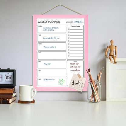 Dry Erase White Board Weekly Calendar Board, Magnetic Whiteboard for Wall,10.5“x14.5 Solid Wood Pink Framed Message Board, Planner Board for Office, Home, School(Weekly-BB-PK-2737)