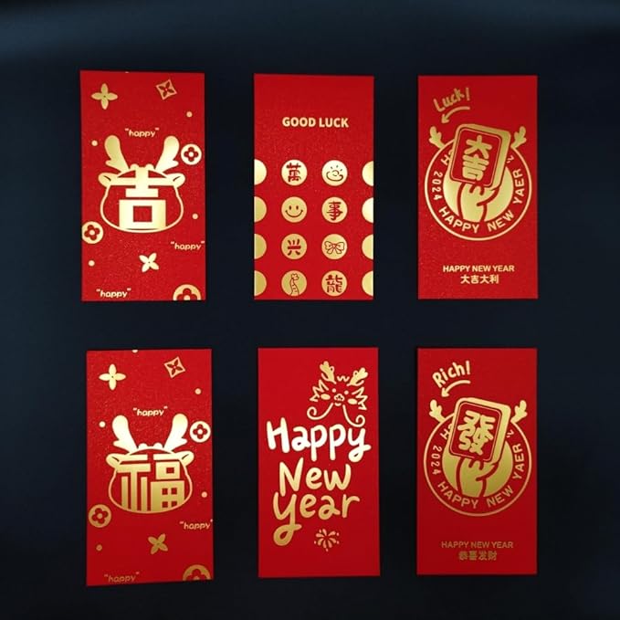 Red Envelopes Chinese 12 PCS,Lucky Money Envelopes,Gold Foil New Year Wishes Envelopes Red Pocket Hong Bao 6 Designs For 2024 The Dragon Lunar Year Spring Festival Birthday Wedding Party Cash Gifts