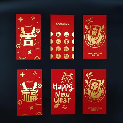 Red Envelopes Chinese 12 PCS,Lucky Money Envelopes,Gold Foil New Year Wishes Envelopes Red Pocket Hong Bao 6 Designs For 2024 The Dragon Lunar Year Spring Festival Birthday Wedding Party Cash Gifts