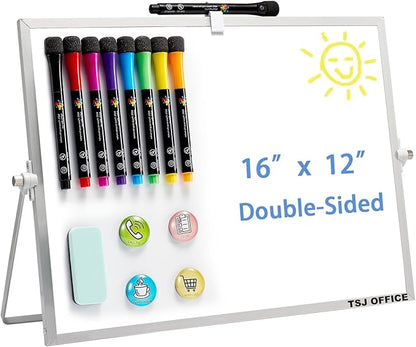 TSJ OFFICE Dry Erase White-Board - 16 X 12 Inches Double Sided Small Magnetic Whiteboard with Hooks for Wall, Portable Mini Desktop Whiteboard 360 Degrees Revolving Stand for Office, Home, School