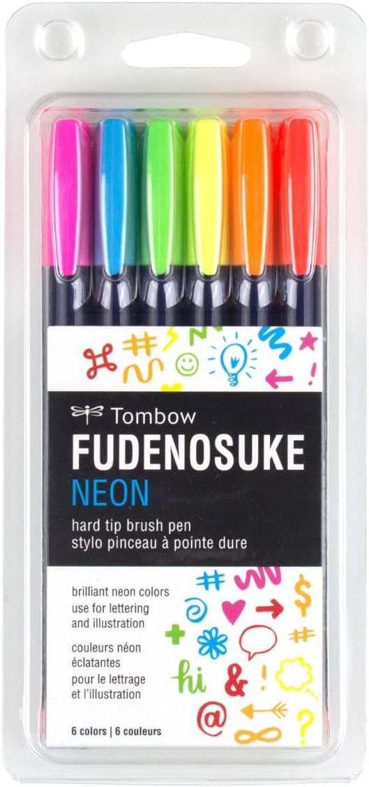Tombow 56437 Fudenosuke Neon Brush Pen, 6-Pack. Hard Tip Fudenosuke Brush Pens in Assorted Neon Colors for Calligraphy and Art Drawings
