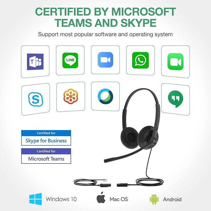 Yealink Phone Headsets for Office Phones YHS34 Lite QD to RJ9 Wired Headset for Yealink Compatible with Poly Snom Grandstream Phones Desk Landline Headset with Microphone -Dual/111g/2.1m Cable