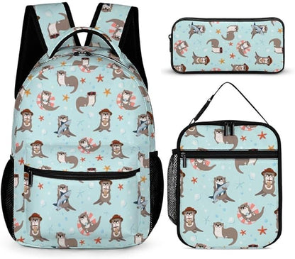 3PCS 17" Otter Backpack, Shoulders Backpack with Insulated Lunch Bag Durable Otter Laptop Bag Daypack with Multiple Pockets (Otter)