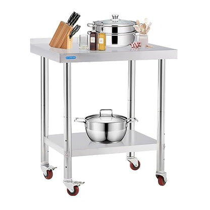 Stainless Steel Table for Prep & Work with 4 Caster Wheels with Backsplash 24 x 30 NSF Metal Commercial Kitchen Adjustable Under Shelf Worktable for Restaurant Home Outdoor