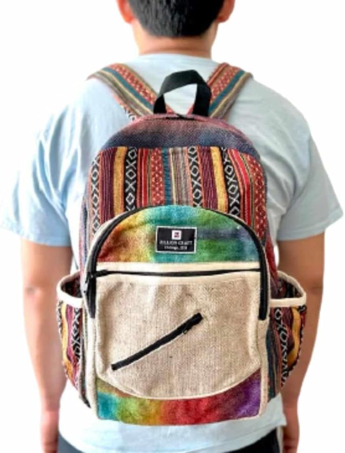 Zillion Craft himalayan hemp back pack. Hand made Bohemian style large size back pack for college laptop travelling. Multi pocket strong back pack.
