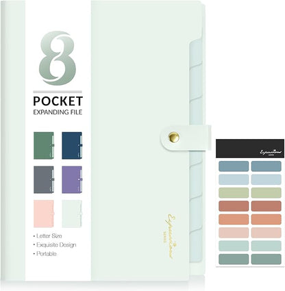 Sooez Elegant Accordion File Organizer with Labels, 8 Pocket Expanding File Folder, Portable Folders for Documents, Cute Paper Organizer for School Office Supplies, Letter Size, Light Green