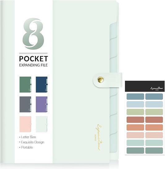 Sooez Elegant Accordion File Organizer with Labels, 8 Pocket Expanding File Folder, Portable Folders for Documents, Cute Paper Organizer for School Office Supplies, Letter Size, Light Green