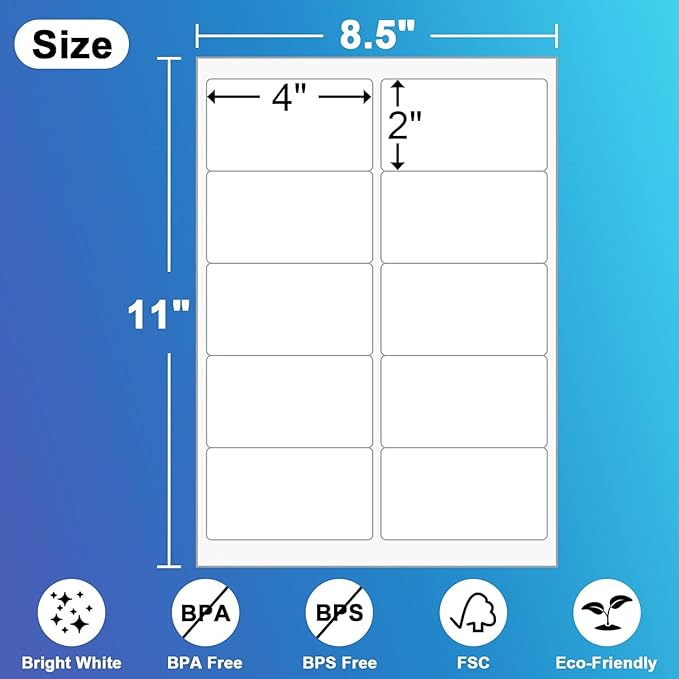 10up Shipping Address Labels 2 X 4 Label, Matte Stickers Paper Compatible with Laser & Ink Jet Printers, 4000 Sheets-40000 Labels (5163/8163/18163)