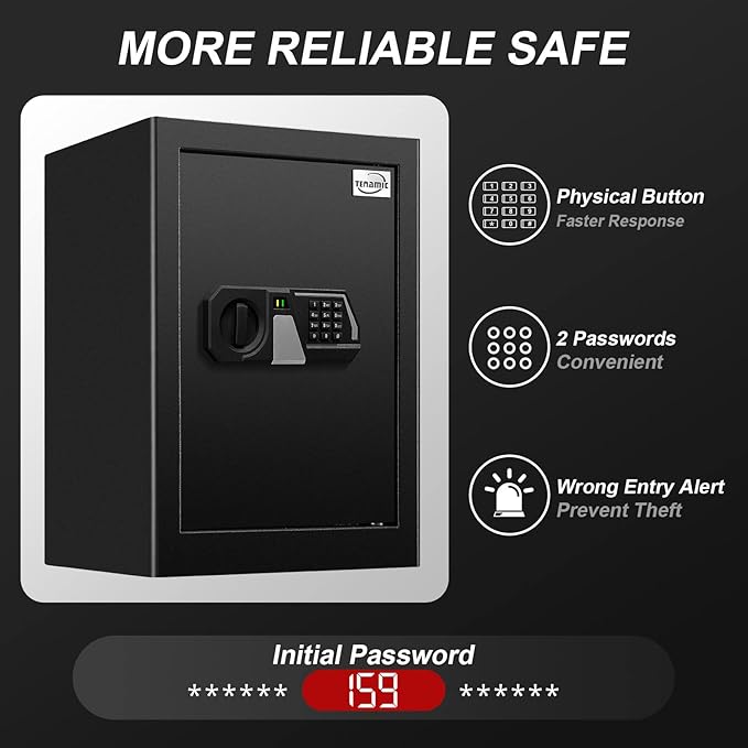 Tenamic Fireproof Safe Box 2.2 Cuft Electronic Digital Security Box, Keypad Large Lock Box Cabinet Safes with Internal Light, Solid Alloy Steel Office Hotel Home Safe with 2 Passwords, Black