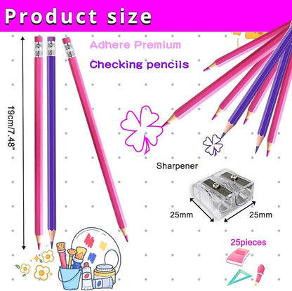 Adhere 25pcs Checking Pencils Erasable colored Pencils Pre-Sharpened #2 HB,for Checking Tests Grading Map Coloring,including a Free sharpener. (Pink 13pcs + Purple 12pcs)