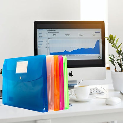 10 Pack Plastic Envelopes with Snap Closure,TFDLCG zm Poly File Envelopes with Label Pocket,Clear Document Folders,A4 Letter Size(13"×9.5") for School Home Work Office,Assorted Colors