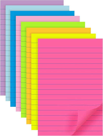 (8 Pads) Lined Sticky Notes 4x6 in Post, 8 Colors Self Sticky Notes Pad Its, Bright Post Stickies Colorful Big Rectangular Sticky Notes for Office, Home, School, Meeting, 40 Sheets/pad