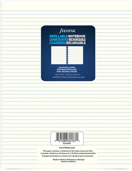 Filofax Notebook Ruled Paper Refill, 10.875 x 8.5 inches, 32 Sheets (B112008U)