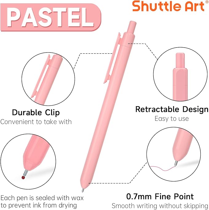 Shuttle Art Colored Retractable Gel Pens, 8 Pastel Ink Colors, Cute Pens 0.7mm Fine Point Quick Drying for Black Paper Writing Drawing Journaling Note Taking School Office Home