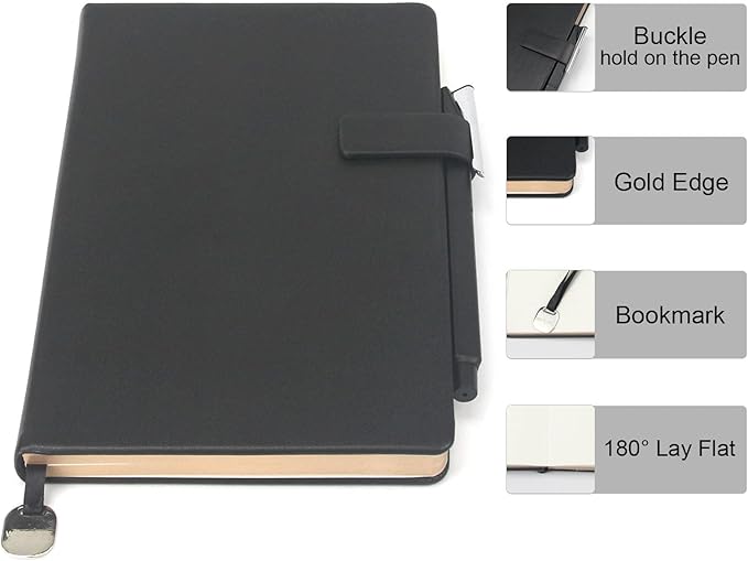 A5 Hard Cover Notebook with Pen Holder, Gold Edges & 180° Lay Flat - Large 5x8.25 Blank, Gift Box - Durable Journal for Office, Study, Travel - Writers, Students (Black)