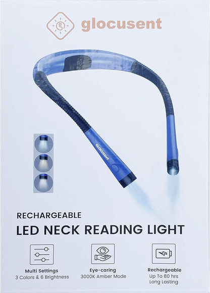 Glocusent Book Light, 3-Color & 6-Brightness Reading Light, Bendable Neck Light, 80-hr Lasting Rechargeable Lamp, Perfect Book Light for Reading in Bed, Knitting, Camping, Repairing, Book Lovers Gifts