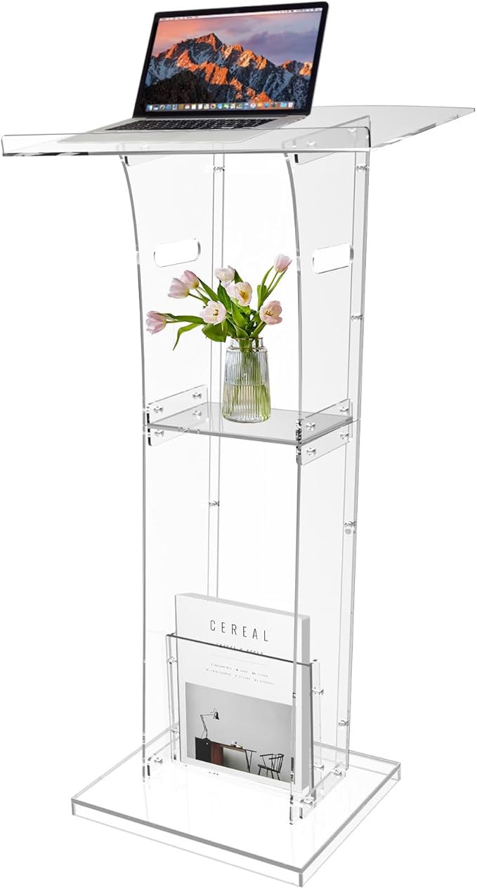 Acrylic Podium Stand With Storage Shelf,Segmented Transparent Lecterns & Podiums,Pulpits For Churches、Conference、Speeches、Weddings、Classroom、Concert,43" H Professional Presentation Podiums