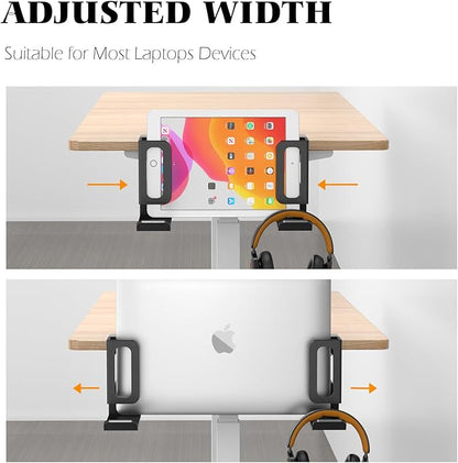 Desk Side Storage,Adjustable Laptop Holder for Desk Side, Steel Hanging Desk Organizer,Clamp on Desk Side Storage Organizer for Laptops/MacBook/Keyboards/Headphone/Gamepad/Backpack(Black)