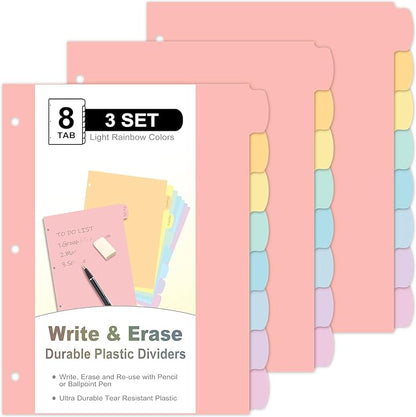 24 Count/3 Sets Write & Erase Binder Dividers with Tabs, Durable Plastic 8 Tab Dividers for 3 Ring Binder Letter Size, Separators for Student School Home Office Document Organizer, Pastel