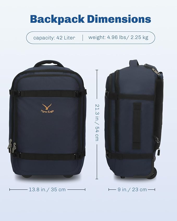 Hynes Eagle Rolling Backpack 42L Backpack with Wheels Airline Approved Carry on Luggage Laptop Travel Backpack for Women Men Dark Blue