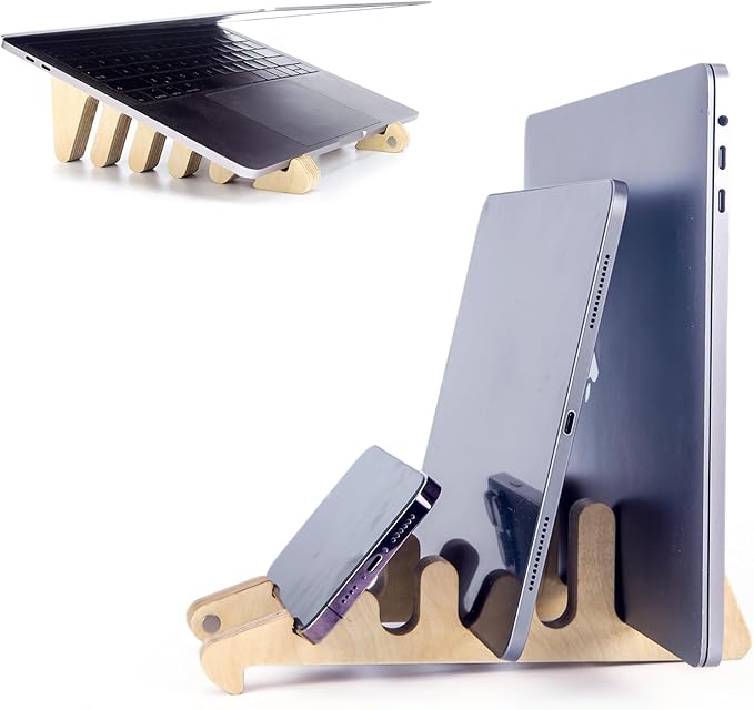 Vertical Laptop Holder 5-in-1 Design,Wood Laptop Stand Laptop Organizer for Desk Computer Stand for Cooling Ergonomic Portable Stand Compatible with MacBook iPad