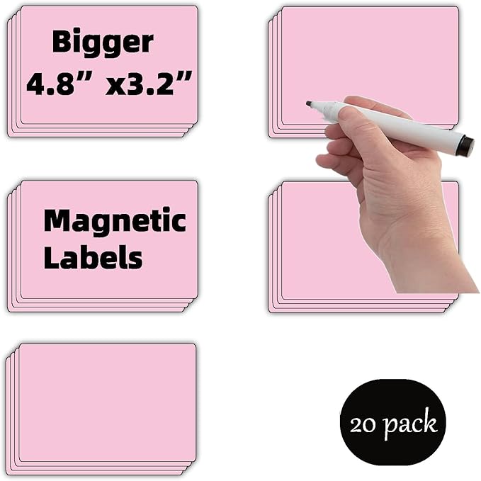 Pink Magnetic Labels (4.8x3.2,Pack of 20) for Whiteboard,Sticky Dry Erase Magnets Fridge,Labeling Lockers,Orgnazing Cabinet