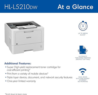 Brother HL-L5210DW Business Monochrome Laser Printer with Duplex Printing, Versatile PaperHandling, Wireless and Gigabit Ethernet Networking, and Mobile Printing, Works with Alexa