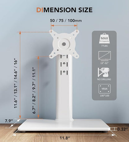 Single LCD Computer Monitor Free-Standing Desk Stand Riser for 13 inch to 32 inch Screen with Swivel, Height Adjustable, Rotation, Holds One (1) Screen up to 77Lbs(HT05W-001) White