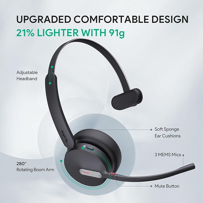 Yealink BH70 Mono Wireless Bluetooth Headset with Microphone for Work, up to 35h Talking Battery Life, 3-Mic Noise Cancellation, 91g Lightweight Microsoft Teams Certified Work Headsets for PC, USB-A