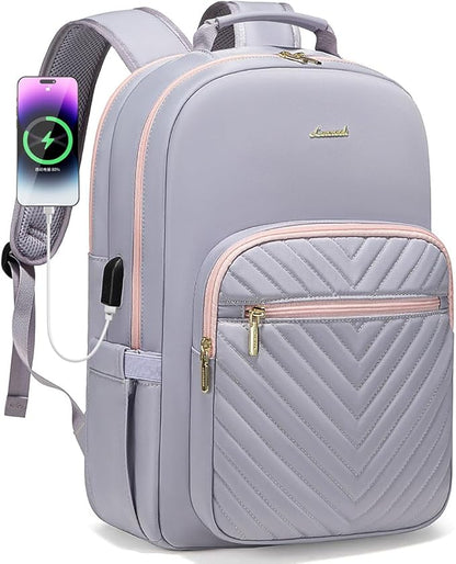 LOVEVOOK Laptop Backpack for Women 17.3 inch,Cute Womens Travel Backpack Purse,Professional Laptop Computer Bag,Waterproof Work Business College Teacher Bags Carry on Backpack with USB Port,Grey Pink
