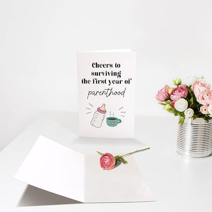 Funny Baby First Birthday Card for New Parents, Baby's 1st Birthday Card for First Time Parents, One Year Parenthood Card, New Parents Gifts, Cheers to Surviving the First Year of Parenthood Card