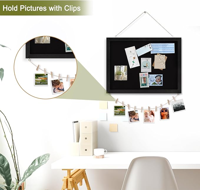 Double-Sided Black Cork Board with Linen, 16" x 12" Hanging Wood Framed Small Bulletin Board, Picture Display Vision Board Kit Corkboards for Wall Room School Office Decor, 20 Pushpins