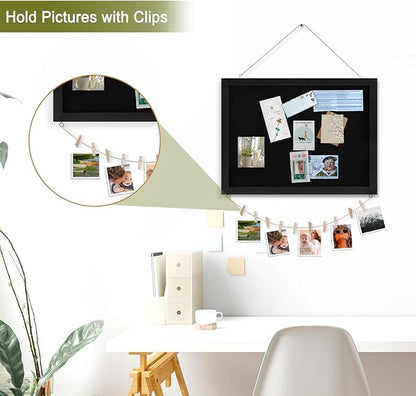 Double-Sided Black Cork Board with Linen, 36" x 24" Hanging Wood Framed Large Bulletin Board, Picture Display Vision Board Kit Corkboards for Wall Room School Office Decor, 20 Pushpins