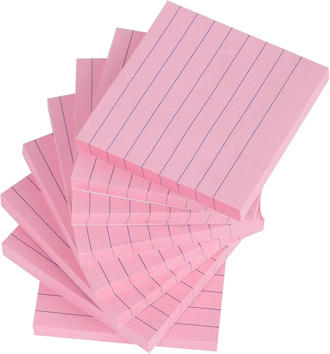 Vanpad Lined Sticky Notes 3x3 Inches, Light Pink Ruled Self-Stick Pads, Easy to Post for Home, Office, Notebook, 8 Pads/Pack