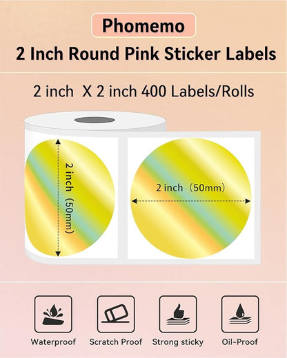 Phomemo 2” Circle Thermal Labels, Self-Adhesive Round Direct Sticker Label, Circular Thermal Printer Label for Logo Design, Name Tag, Thanks Card, Address, QR Code, 400 Labels/Roll, Laser Gold