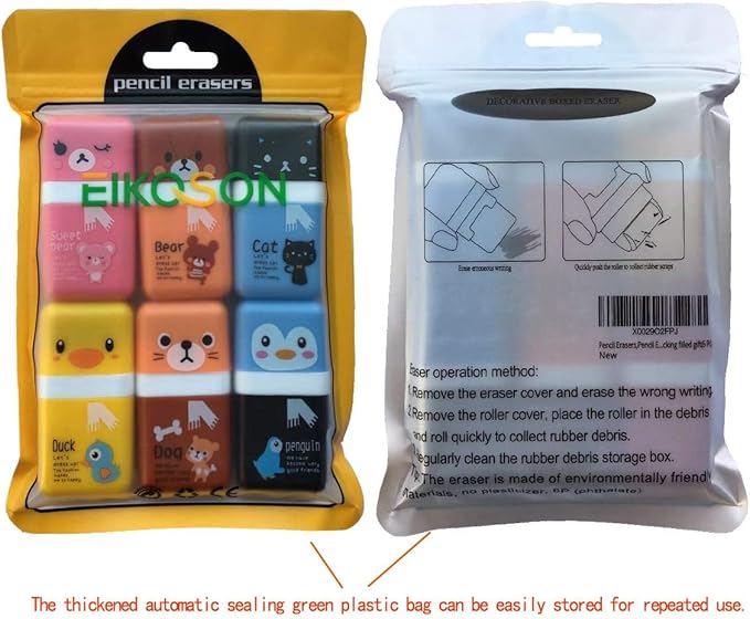 12Pack of Pencil Erasers,Pencil Eraser Shaving Roller Case for Easy Pick Up and Removal | Animal Themed Cute and Fun Party Favor and School Supplies for Kids,Back to School Gift