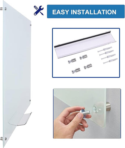 Dex Board 72" x 48" Large Glass Whiteboard 6' x 4' Frameless Tempered Glass Dry Erase Board with Marker Tray for Interactive Office, Wall Mounted Frosted Glass Whiteboard