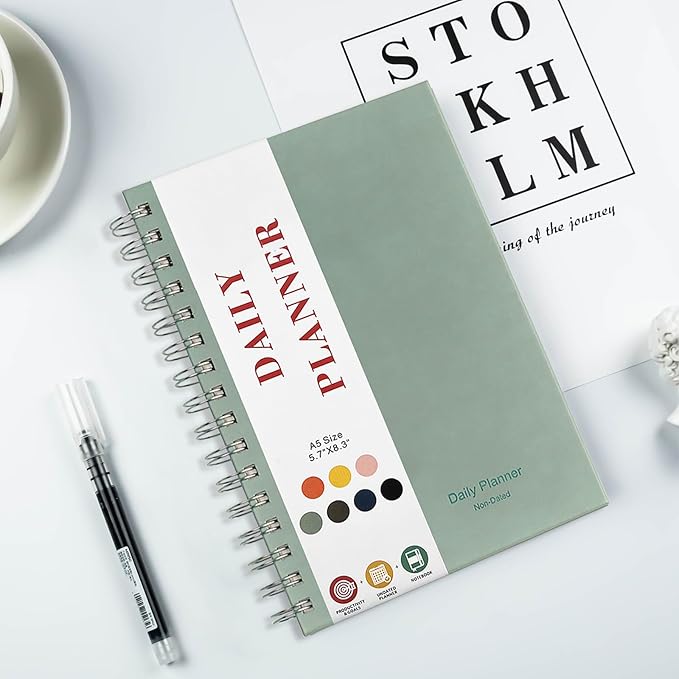 Undated Daily Planner,Undated Planner with Hourly Schedules, Daily Organizer Notebooks for work, Spiral Appointment Planner for Men and Wome, To Do List Notebook for Time Management, Elastic Closure, Pocket(Light Blue)