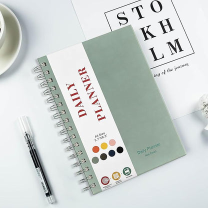 Undated Daily Planner,Undated Planner with Hourly Schedules, Daily Organizer Notebooks for work, Spiral Appointment Planner for Men and Wome, To Do List Notebook for Time Management, Elastic Closure, Pocket(Light Blue)