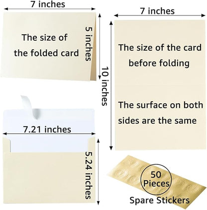Wishop 50 Pack Shiny Self-Adhesive Envelopes with Shiny Fold Cards for Wedding Invitations, Greeting Cards, Baby Shower, Letter Mailing (Cream Color, 5x7)