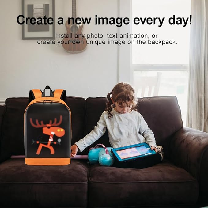 LED Color Screen Customizable photo/icon Backpack,Water-Resistant Travel Bag with USB Port and Comfortable Padding, Orange