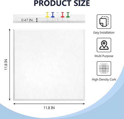 4 Pack Cork Board Tiles 12x12 Inches, 1/2" Thick Felt Cork Squares with 30 Push Pins, Bulletin Board Pin Board, Adhesive Cork Board for for Wall for Home, Office, and Kitchen (White)