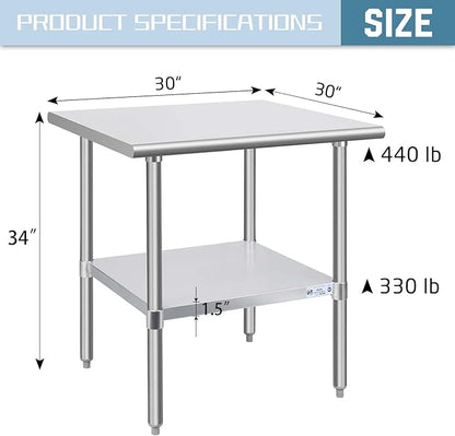 Hally Stainless Steel Table for Prep & Work 30 x 30 Inches, NSF Commercial Heavy Duty Table with Undershelf and Galvanized Legs for Restaurant, Home and Hotel