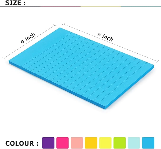 Eastern Wolf 8 Pads Lined Sticky Notes 4x6 Sticky Notes with Lines Self-Stick Note Pads 8 Bright Multi Colors, 35 Sheet/Pad